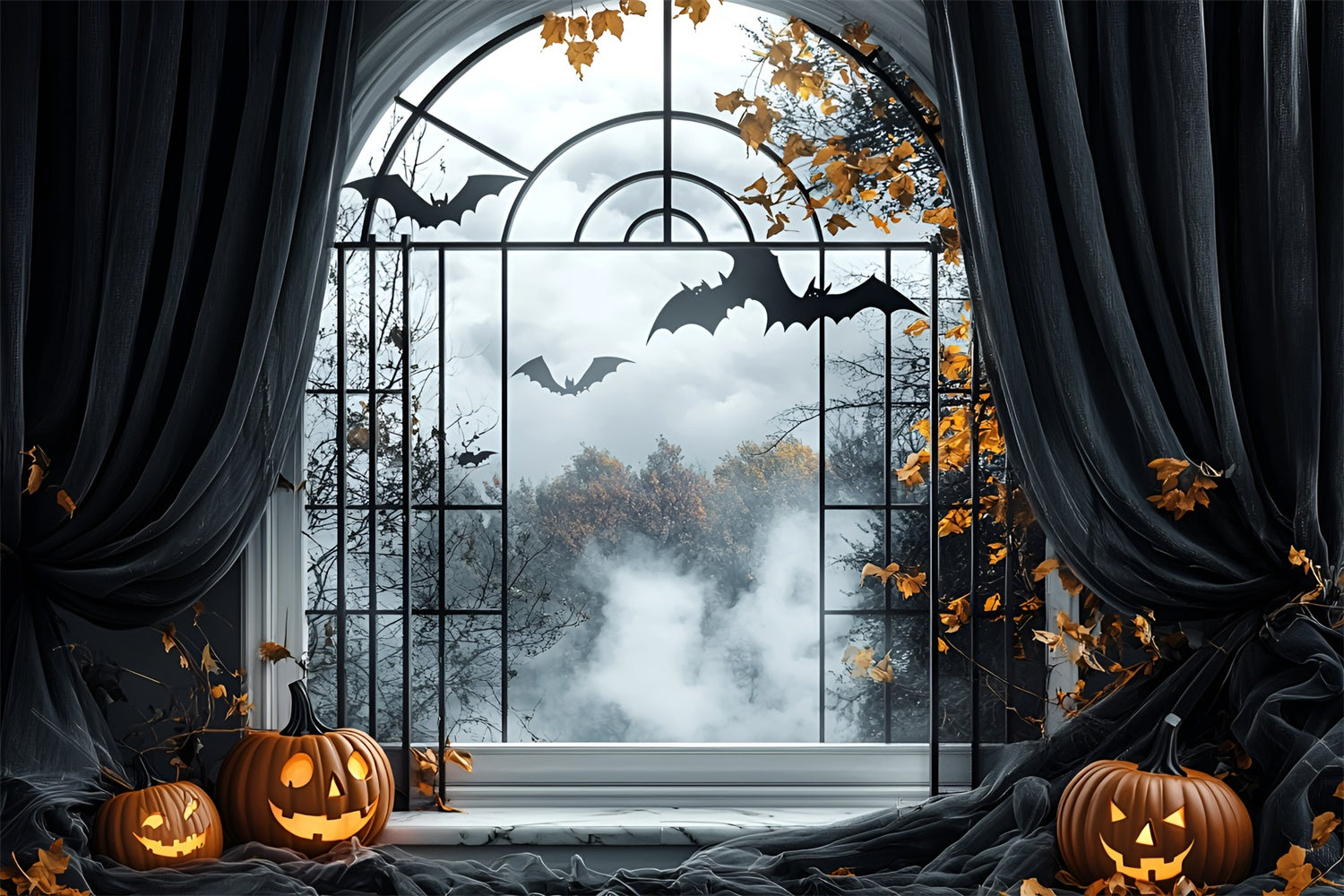 Halloween Photo Backdrop Haunted Window Bat Flight Backdrop UK GQ6-244