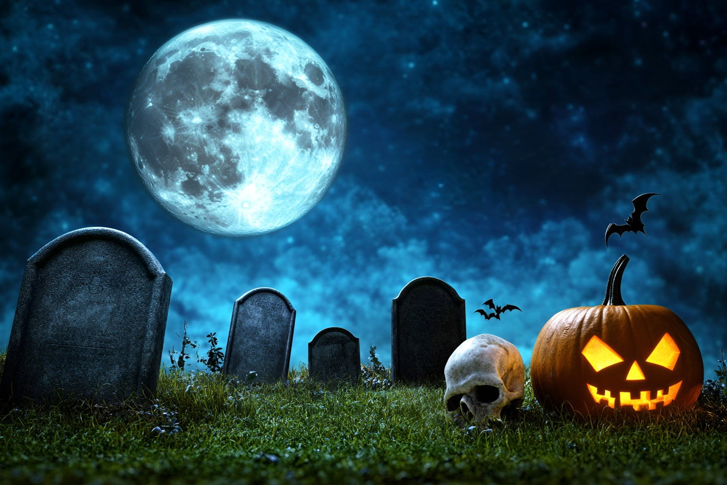 Halloween Graveyard Backdrop Full Moon Pumpkin Skull Backdrop UK GQ6-246