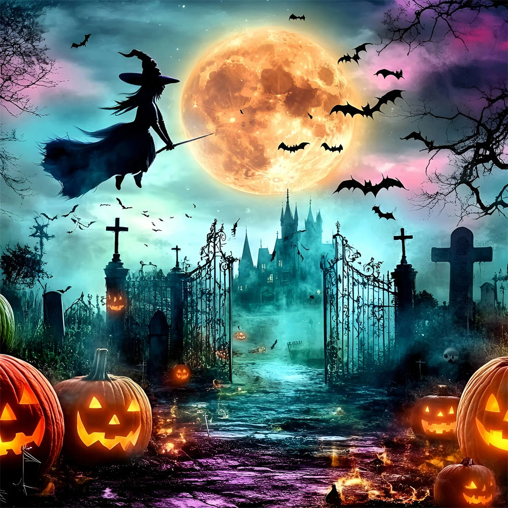 Halloween Witch Backdrop Moonlit Witch Pumpkins Backdrop UK GQ6-247
