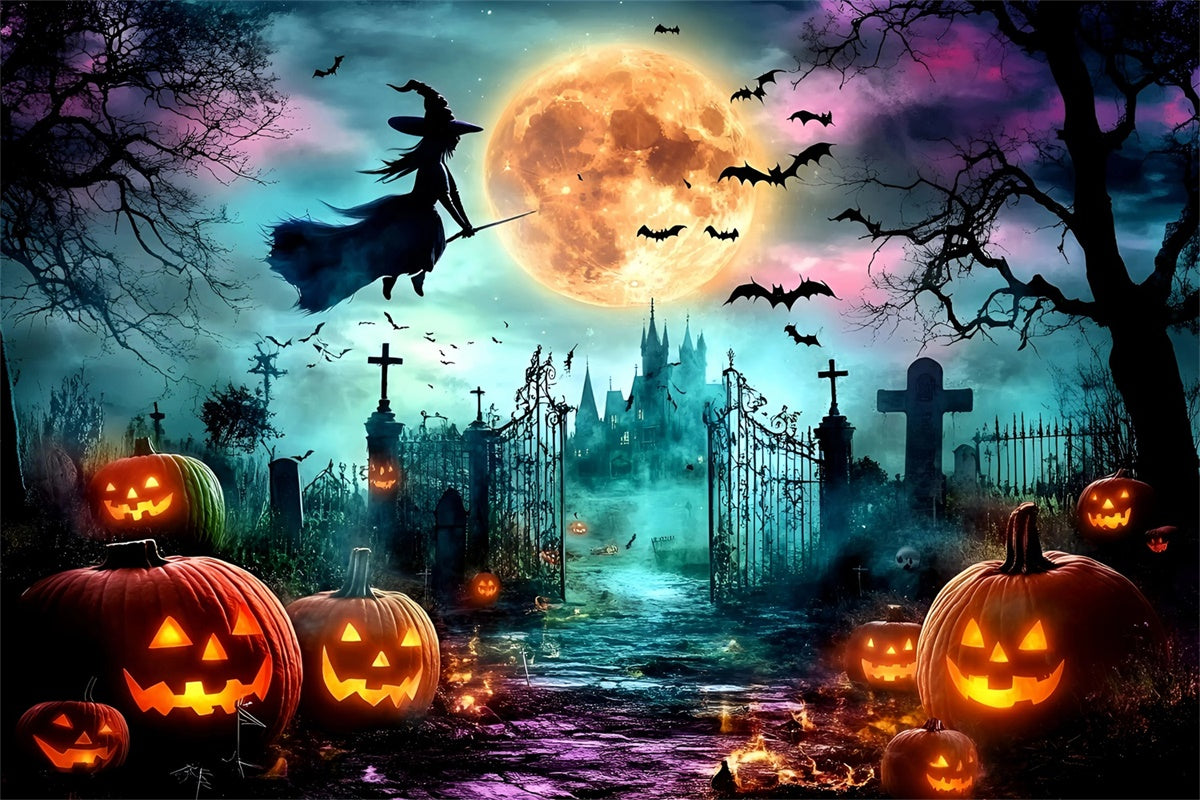 Halloween Witch Backdrop Moonlit Witch Pumpkins Backdrop UK GQ6-247