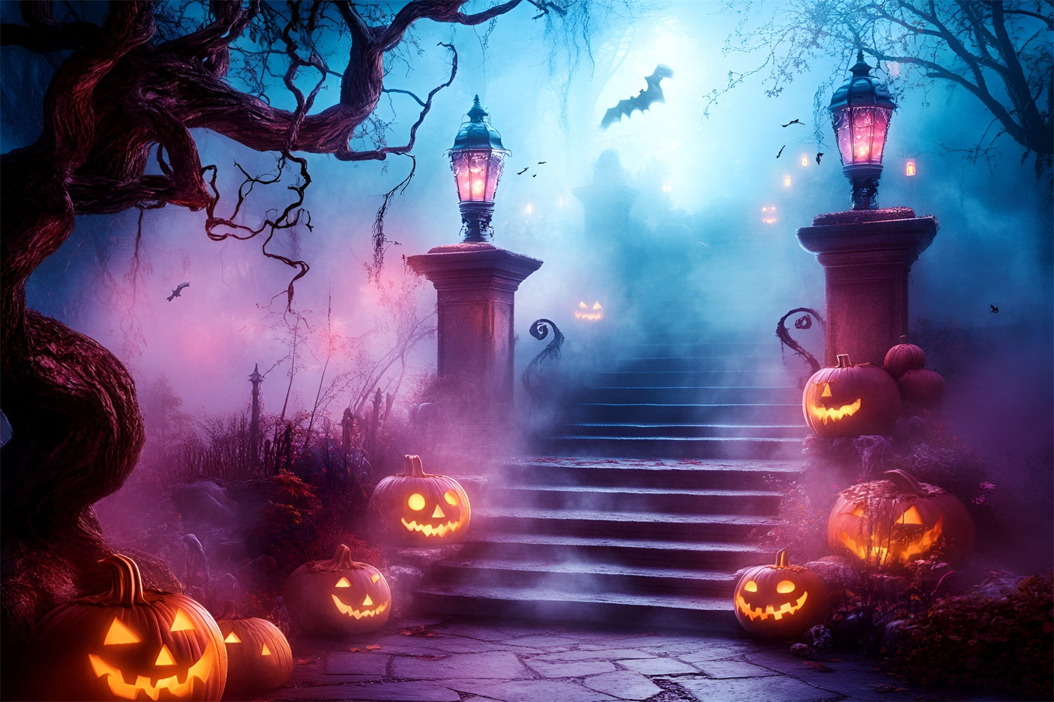 Halloween Backdrop Pumpkin Path Haunted Stairway Backdrop UK GQ6-248