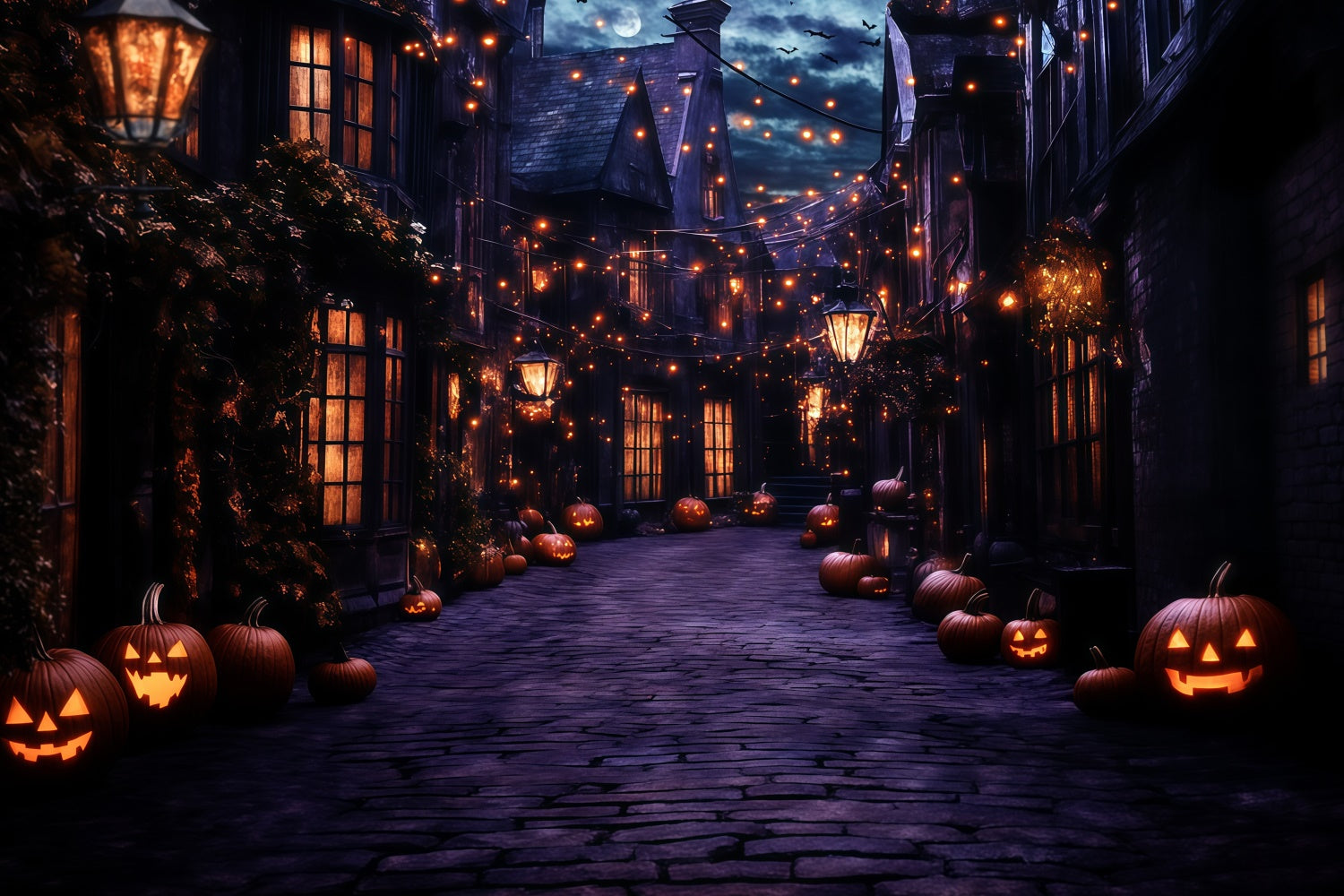 Halloween Backdrops Ghostly Lantern Village Night Backdrop UK GQ6-249