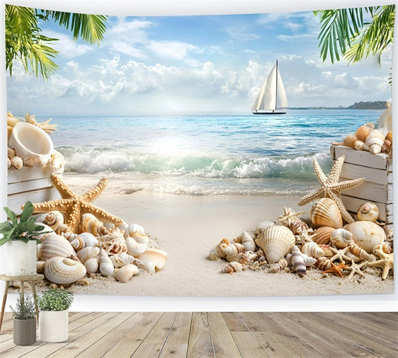Beach Scene Backdrop Seashell Sailboat Summer Photo Backdrop UK GQ6-3