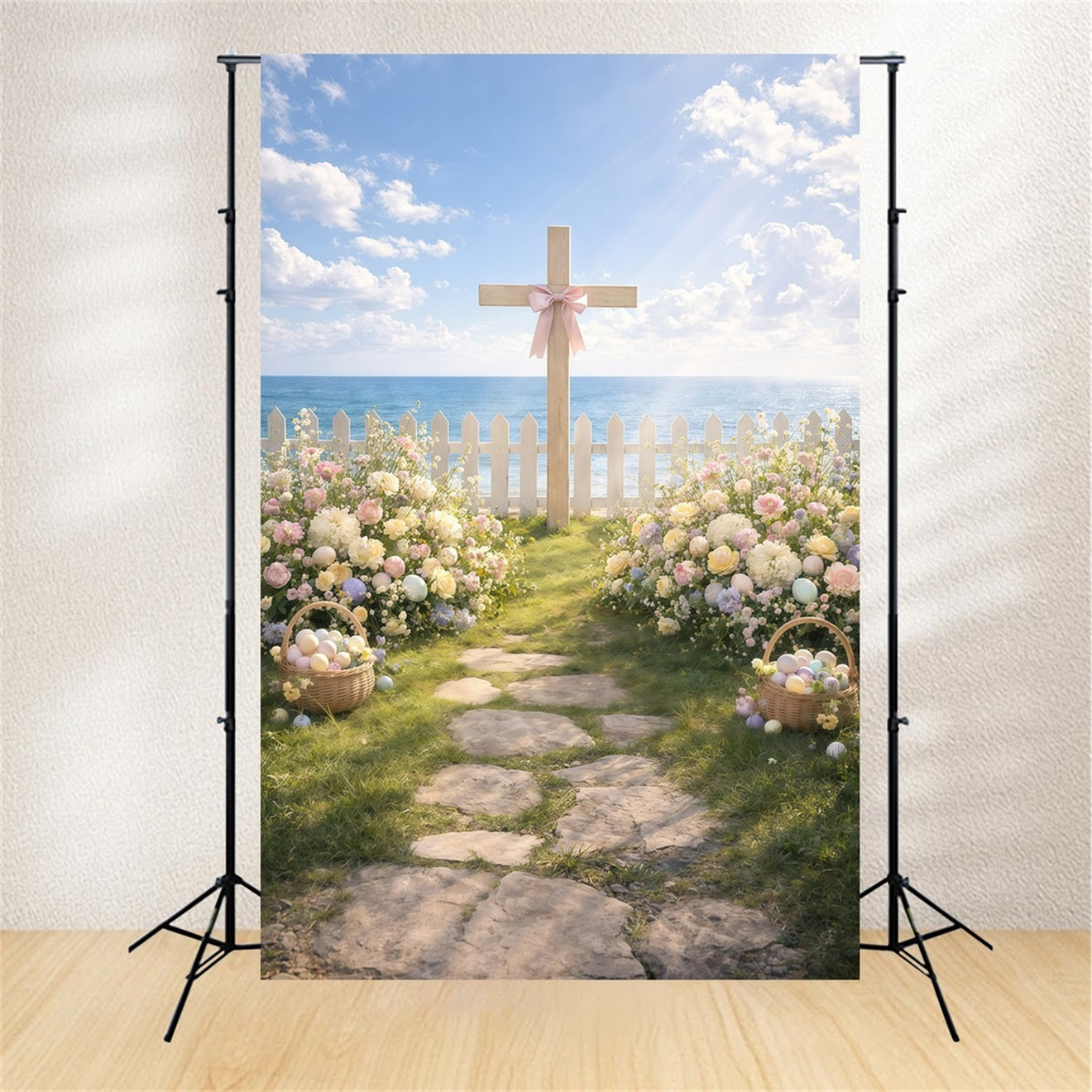 Easter Religious Backdrops Seaside Cross Garden Path Backdrop For Easter Pictures UK GQ61-11