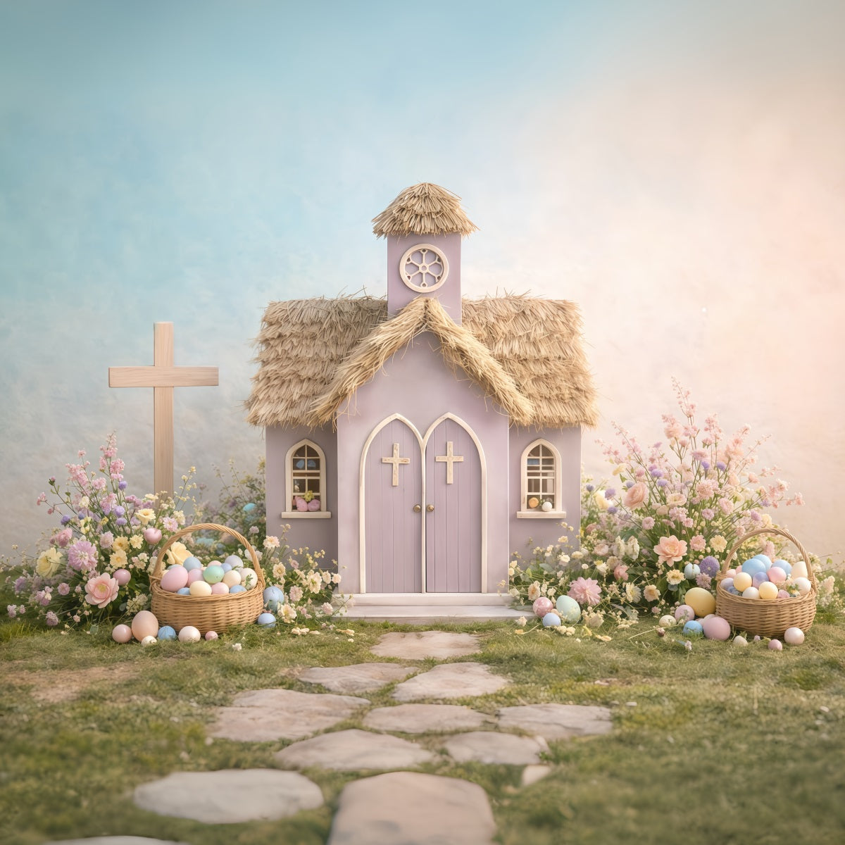 Church Photo Backdrop Easter Pastel Church Garden Cottage Photography Easter Backdrop UK GQ61-12