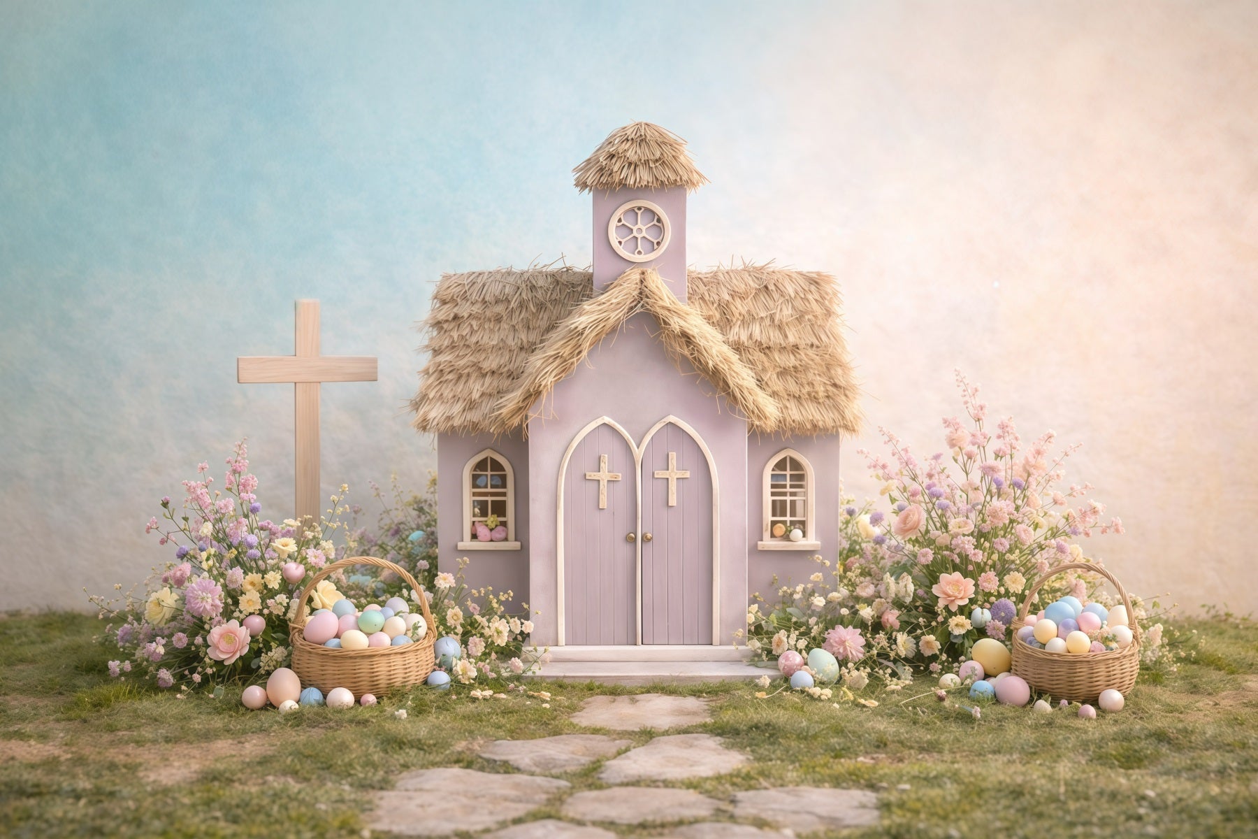 Church Photo Backdrop Easter Pastel Church Garden Cottage Photography Easter Backdrop UK GQ61-12