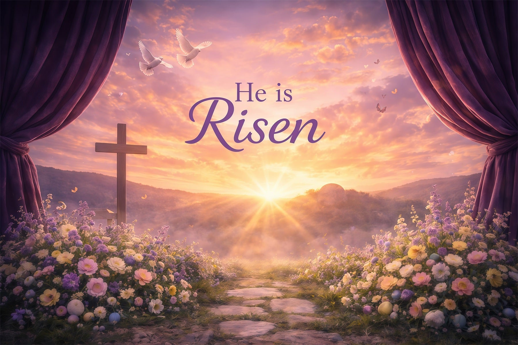 He Is Risen Backdrop Sunrise Valley Songbirds Flower Easter Backdrops For Photos UK GQ61-13