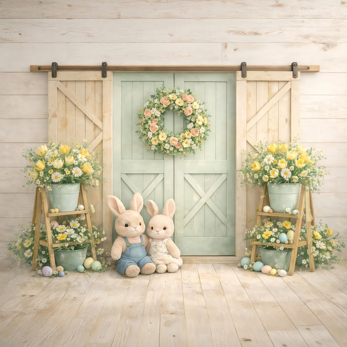 Peter Rabbit Photo Backdrop Pastel Bunny Barn Doors Easter Picture Backdrop Ideas UK GQ61-16