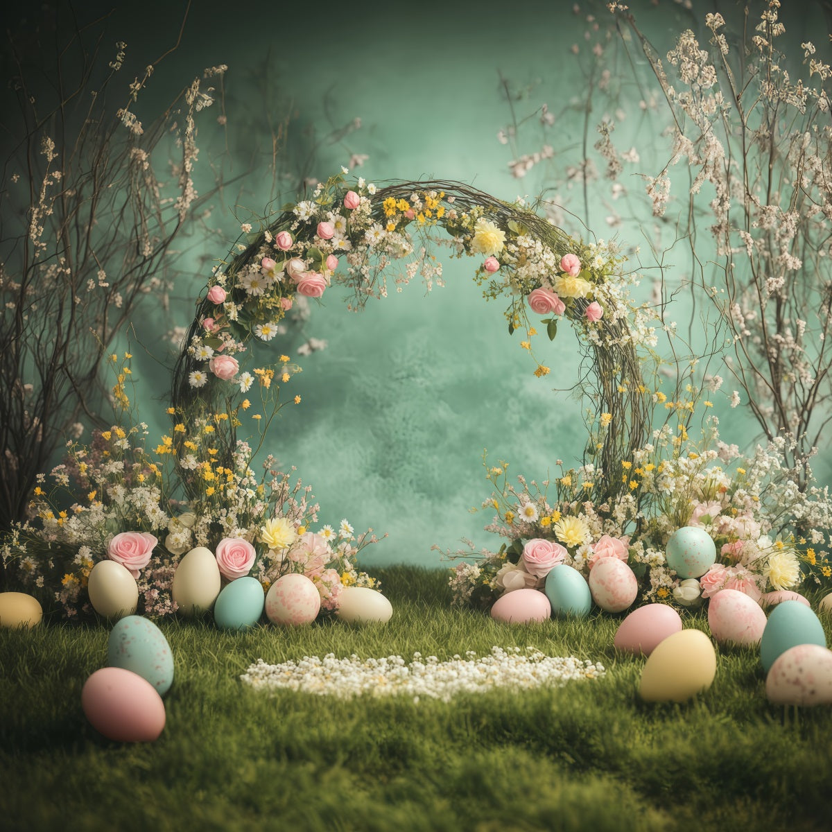 Spring Easter Backdrop Wildflower Bouquet Egg Arch Easter Backdrops For Photos UK GQ61-17