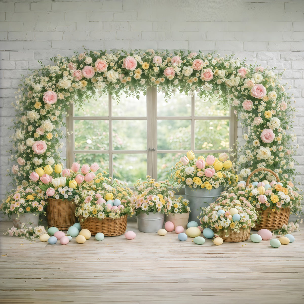 Easter Flower Backdrop Garden Window Floral Eggs Easter Backdrops Photography UK GQ61-19