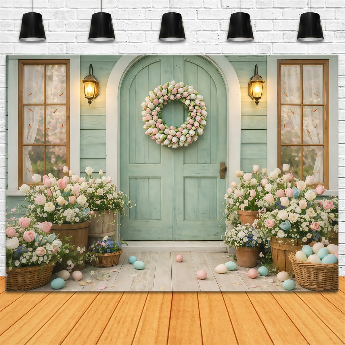 Tulip Backdrop Spring Flower Wreath Doorway Easter Photography Backdrops For Sale UK GQ61-21
