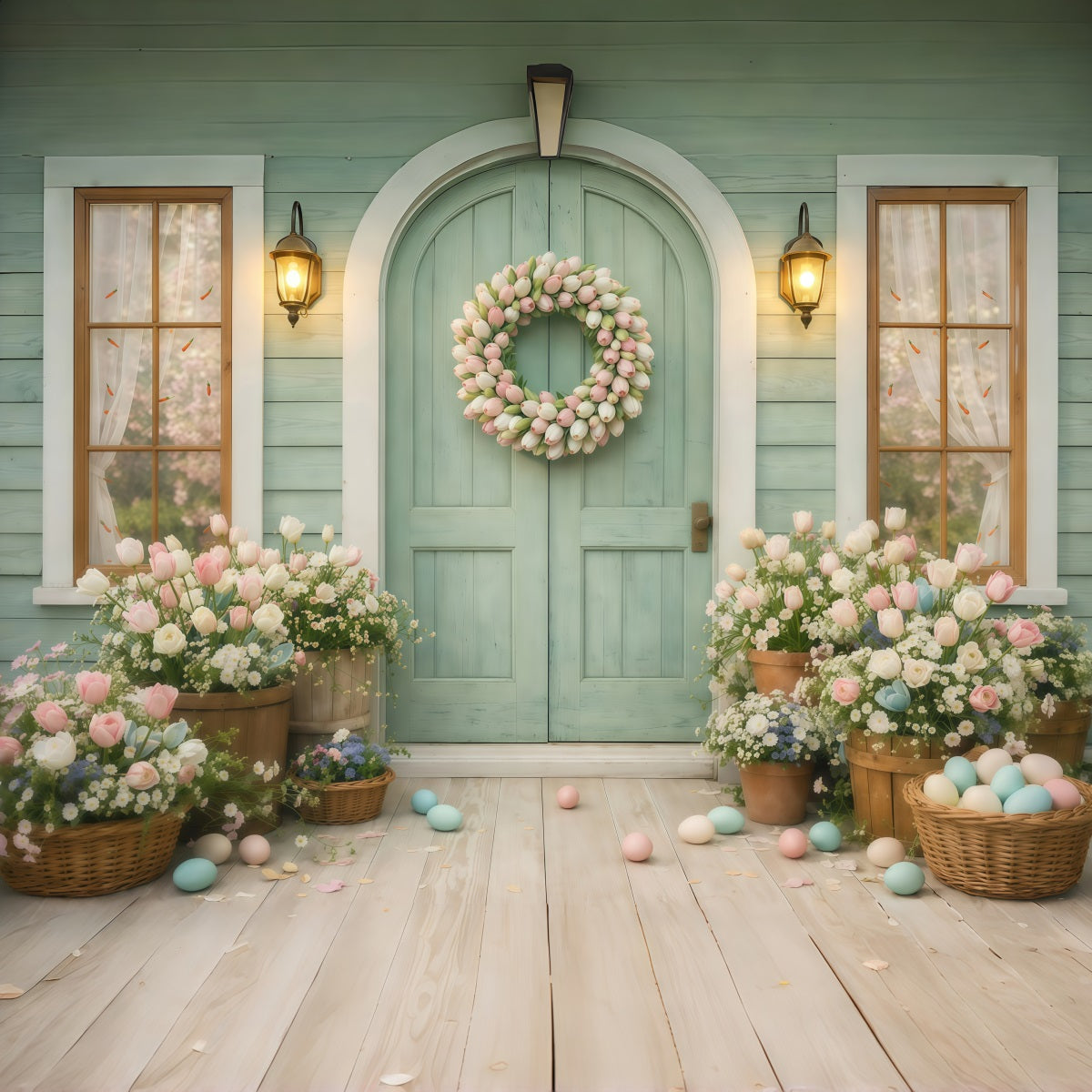 Tulip Backdrop Spring Flower Wreath Doorway Easter Photography Backdrops For Sale UK GQ61-21