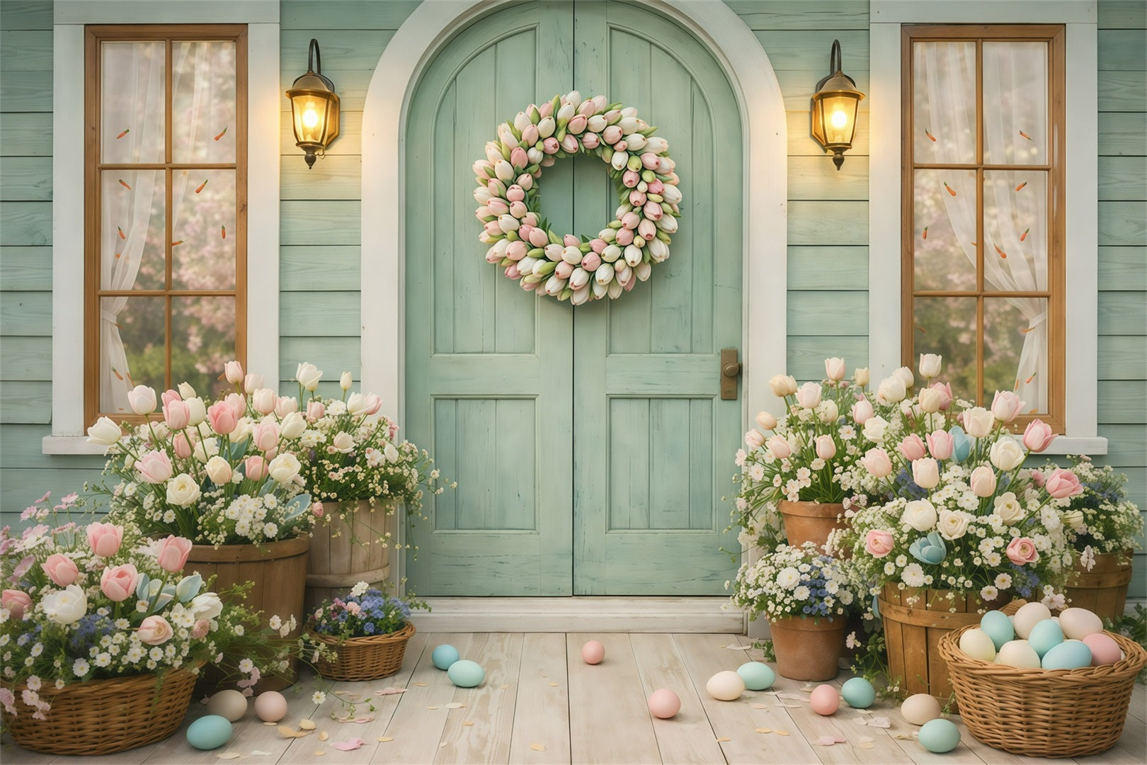 Tulip Backdrop Spring Flower Wreath Doorway Easter Photography Backdrops For Sale UK GQ61-21