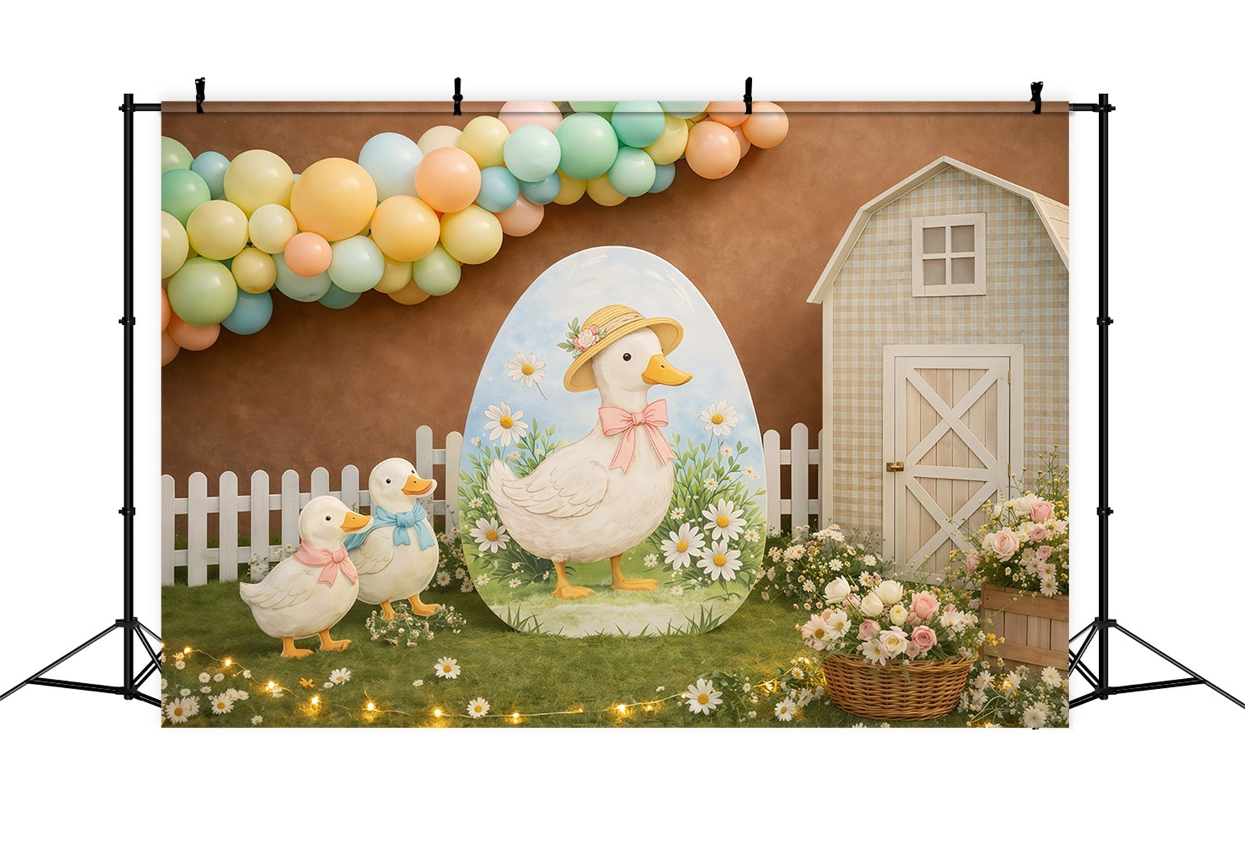 Easter Backdrop With Balloons Cute Duck Farm Daisies Backdrop For Easter UK GQ61-22