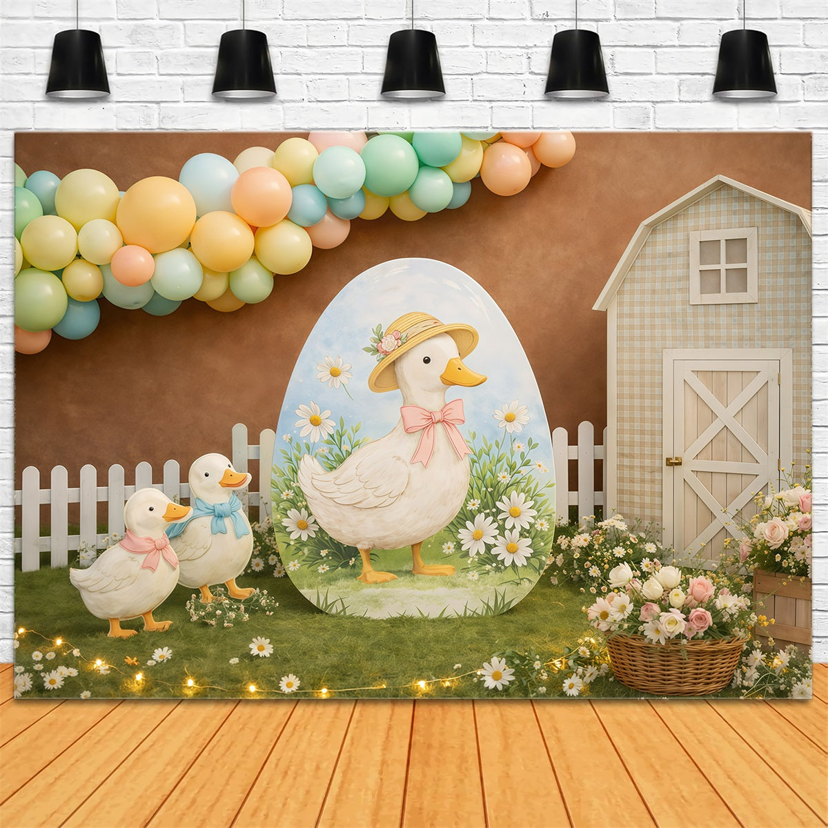Easter Backdrop With Balloons Cute Duck Farm Daisies Backdrop For Easter UK GQ61-22