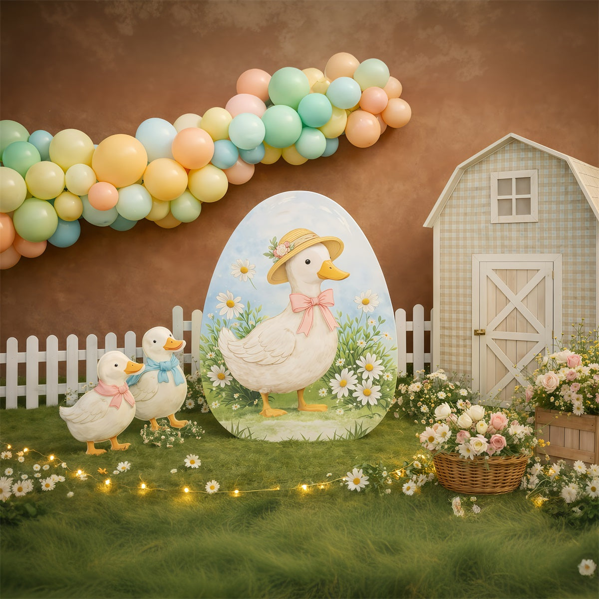 Easter Backdrop With Balloons Cute Duck Farm Daisies Backdrop For Easter UK GQ61-22