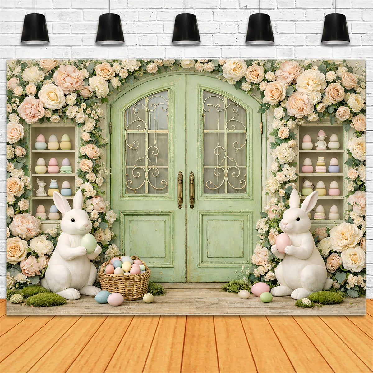 Photography Easter Bunny Backdrop Vintage Garden Wreath Doorway Easter Theme Backdrop UK GQ61-29