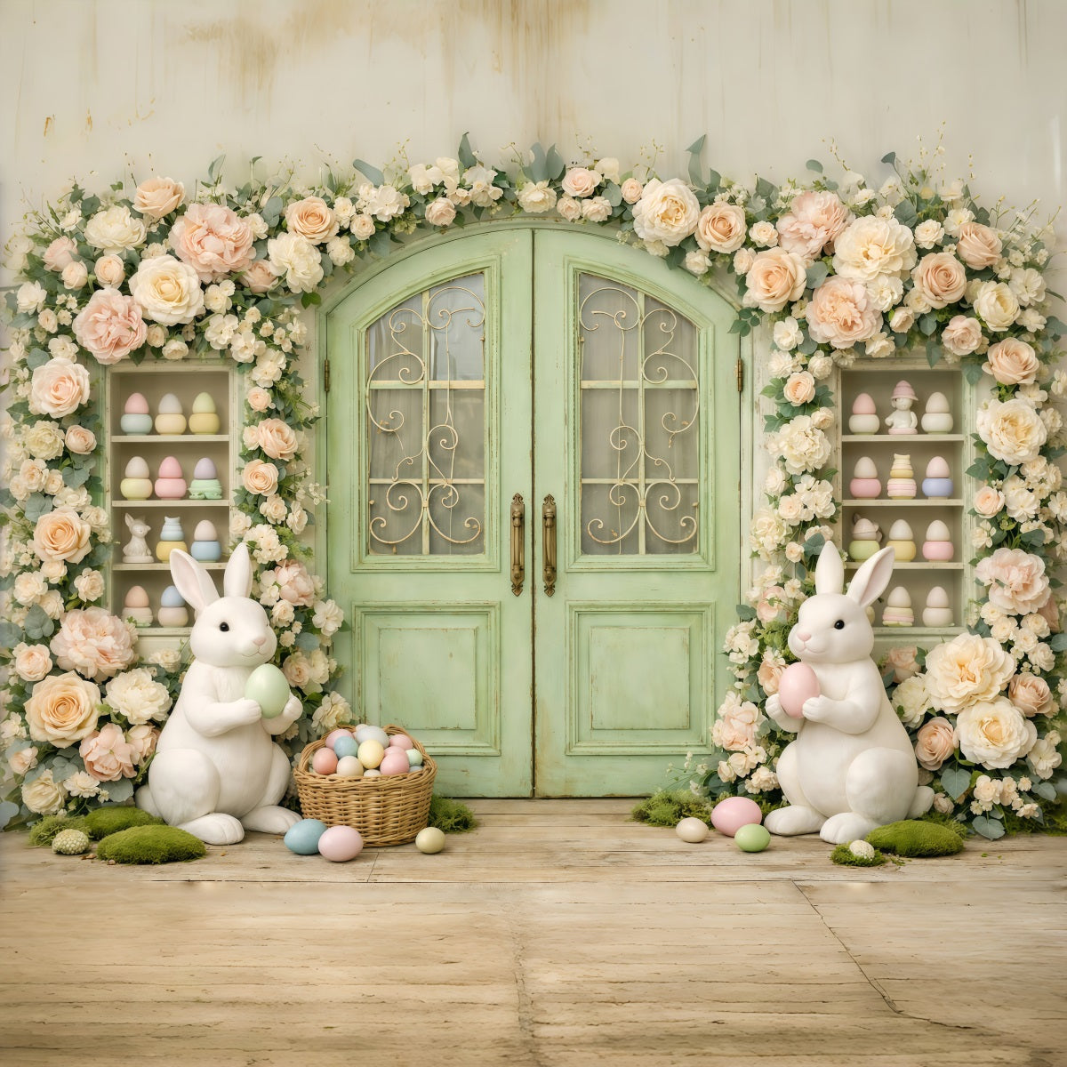 Photography Easter Bunny Backdrop Vintage Garden Wreath Doorway Easter Theme Backdrop UK GQ61-29