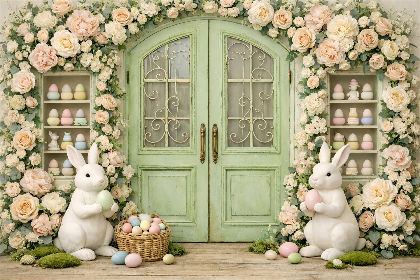 Photography Easter Bunny Backdrop Vintage Garden Wreath Doorway Easter Theme Backdrop UK GQ61-29