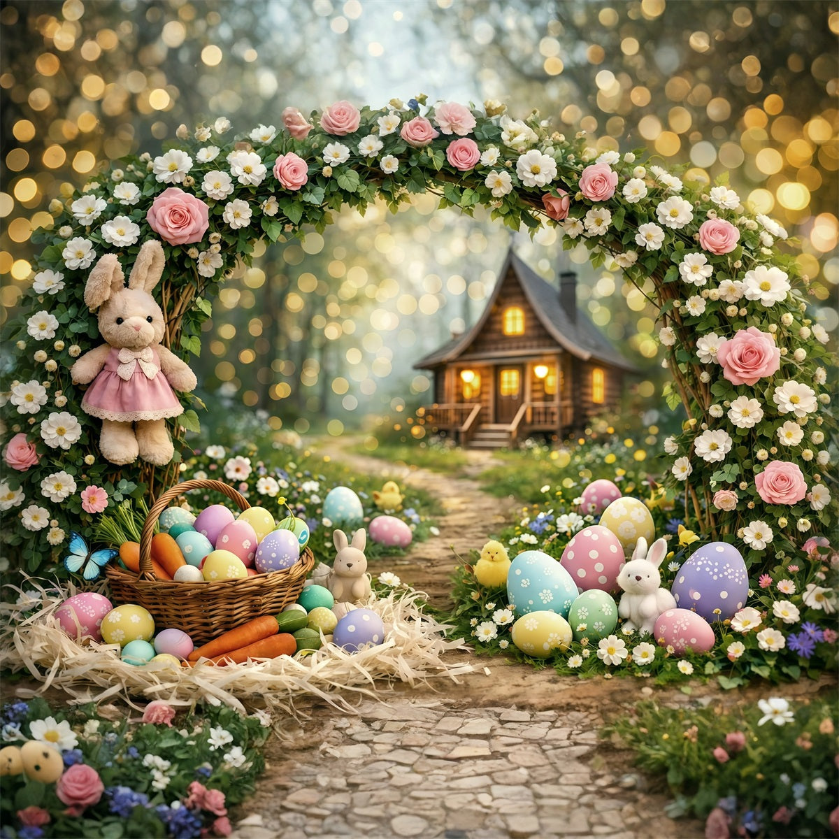 Easter Bokeh Backdrop Enchanted Forest Bunny Cottage Easter Backdrops For Pictures UK GQ61-31