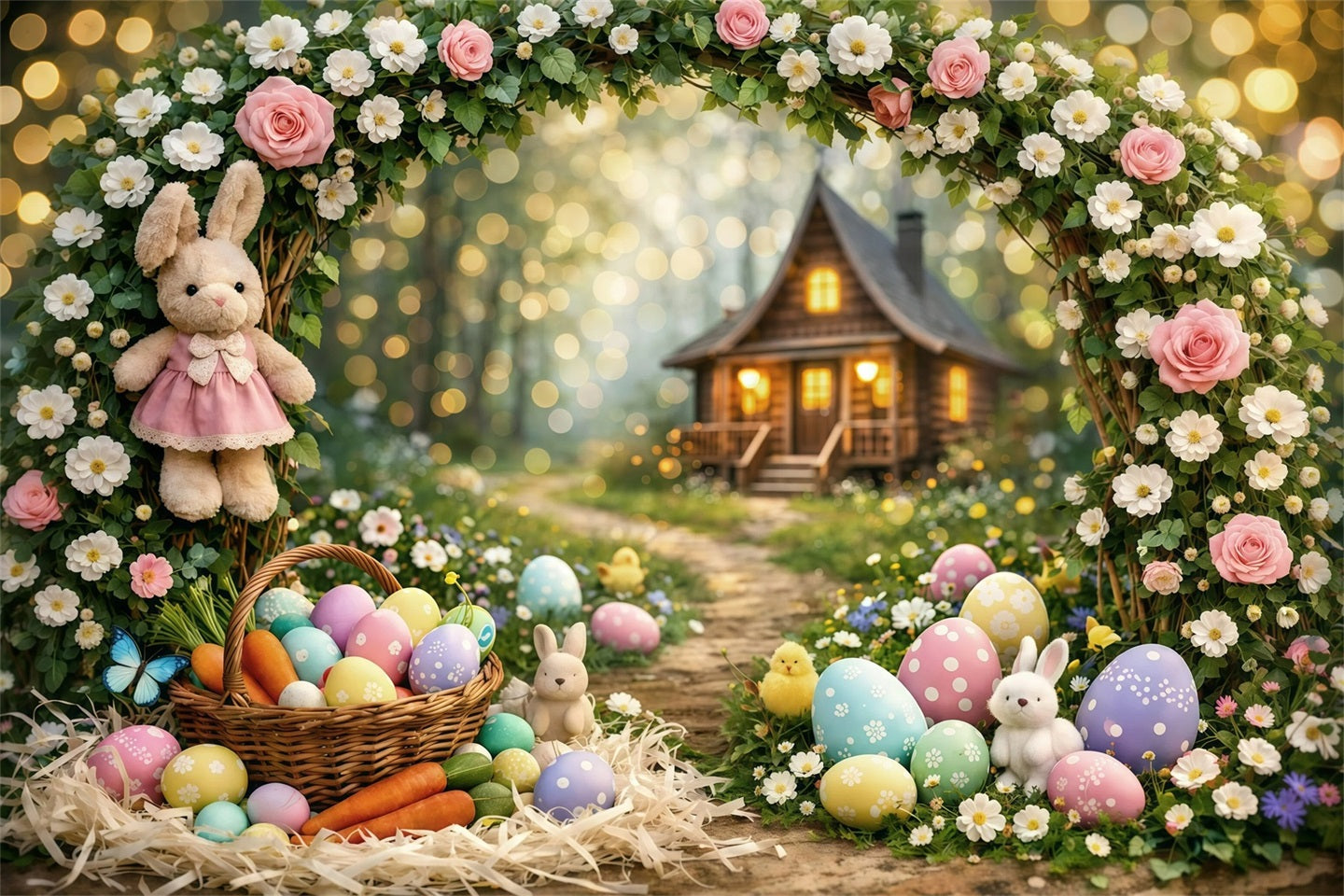 Easter Bokeh Backdrop Enchanted Forest Bunny Cottage Easter Backdrops For Pictures UK GQ61-31