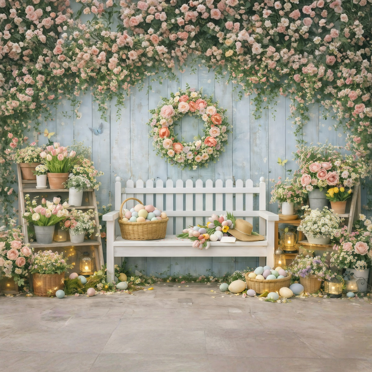 Easter Backdrop With Bench Spring Flower Market Garden Easter Backdrop For Photos UK GQ61-33