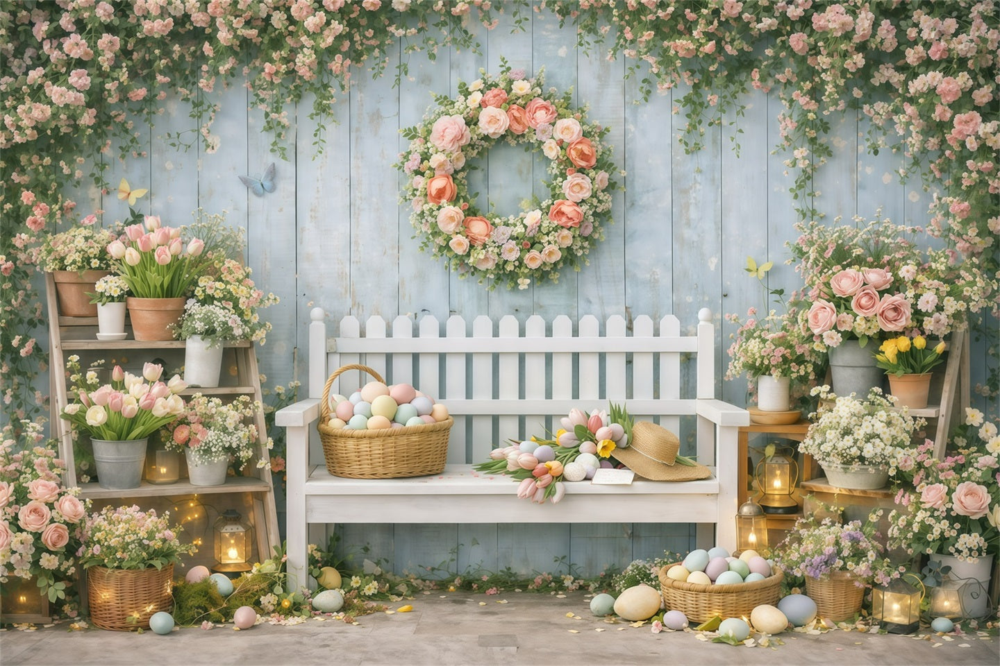 Easter Backdrop With Bench Spring Flower Market Garden Easter Backdrop For Photos UK GQ61-33