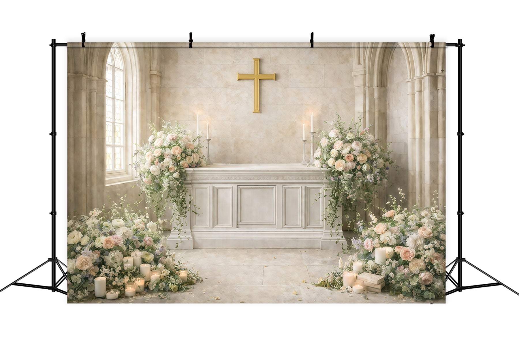 Church Easter Photo Backdrop Sacred Church Cross Flower Backdrop For Easter UK GQ61-35