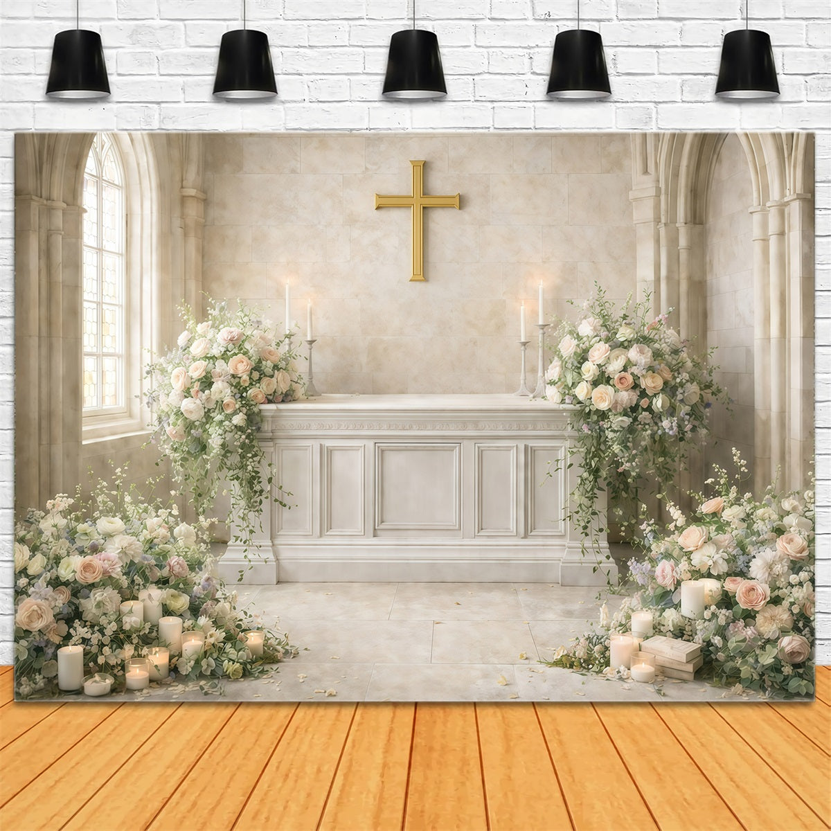 Church Easter Photo Backdrop Sacred Church Cross Flower Backdrop For Easter UK GQ61-35