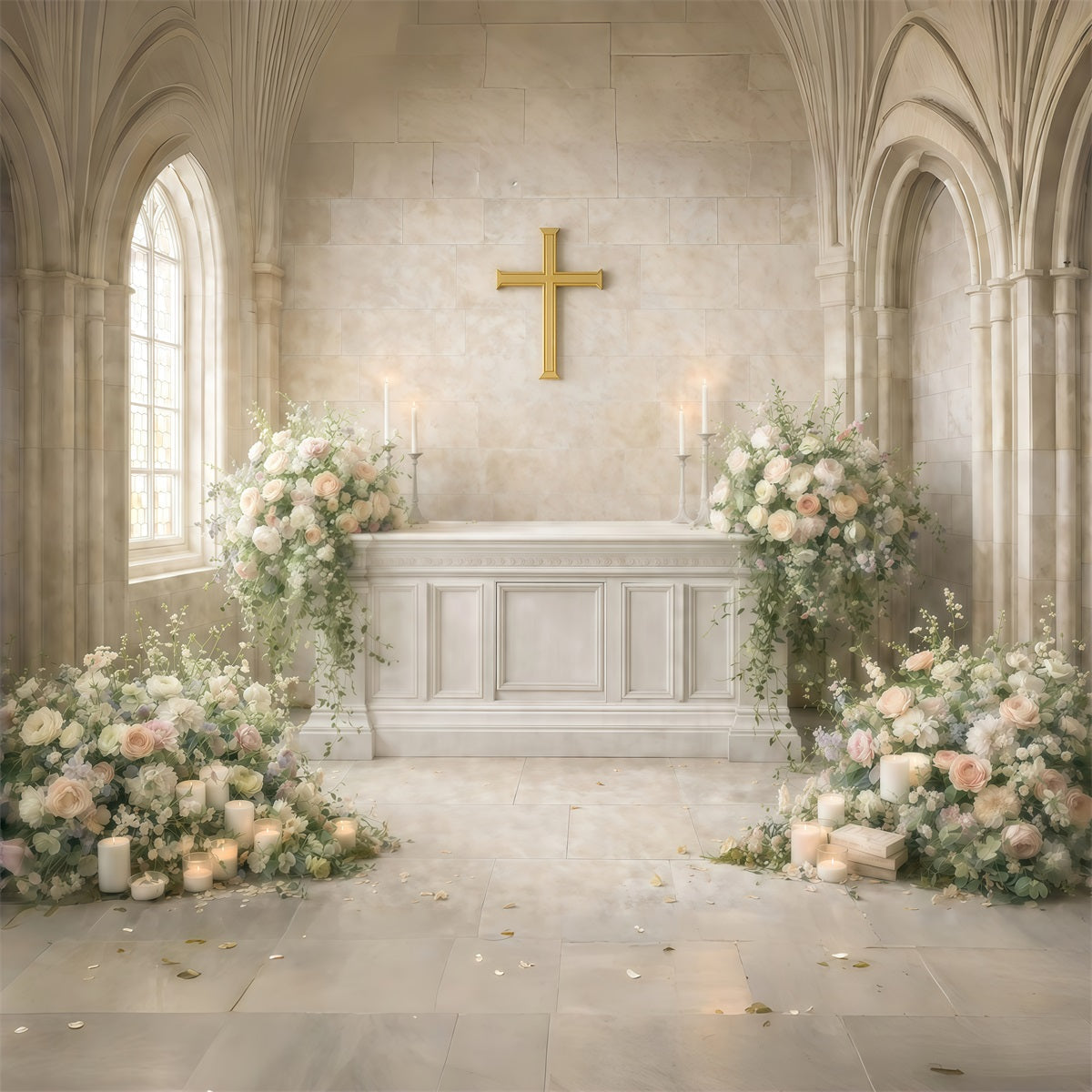 Church Easter Photo Backdrop Sacred Church Cross Flower Backdrop For Easter UK GQ61-35
