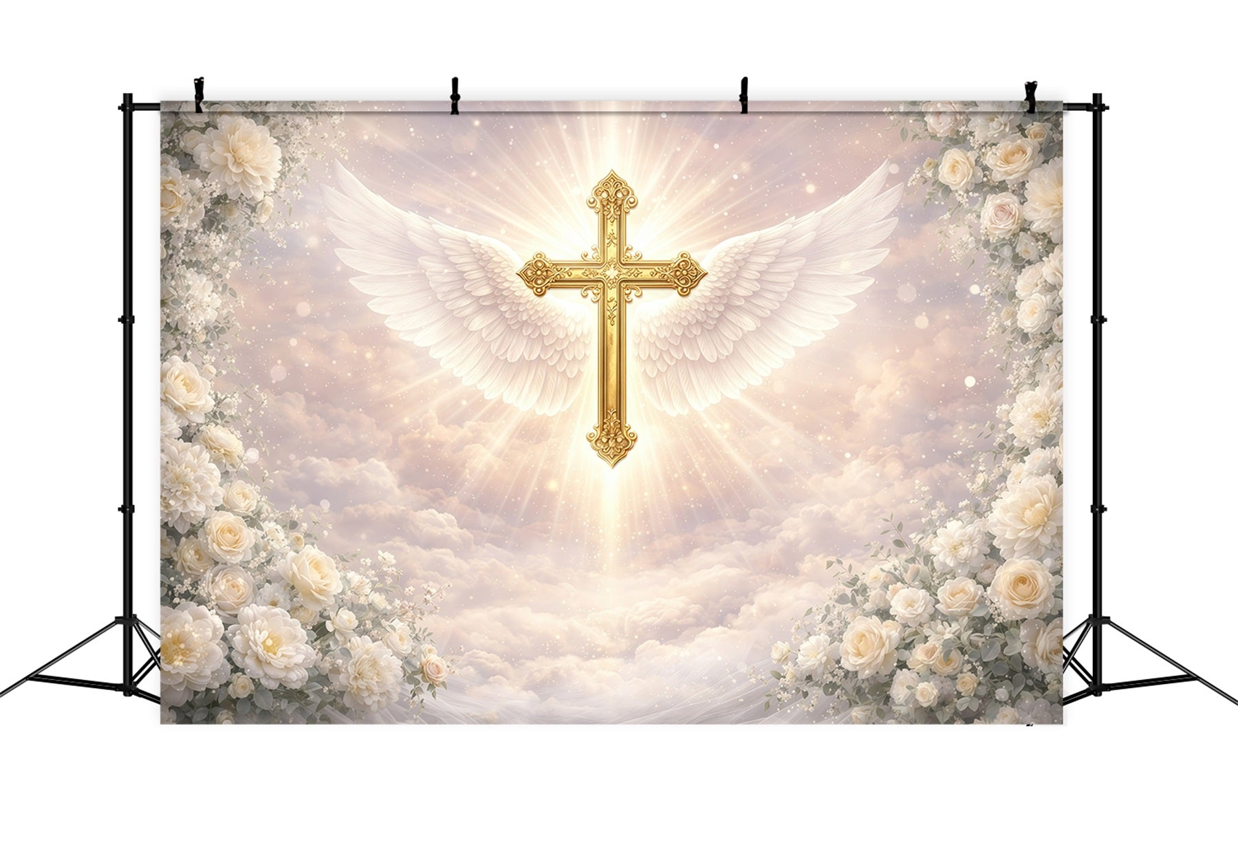 Easter Religious Backdrops Angelic Winged Golden Cross Easter Photoshoot Backdrop UK GQ61-36