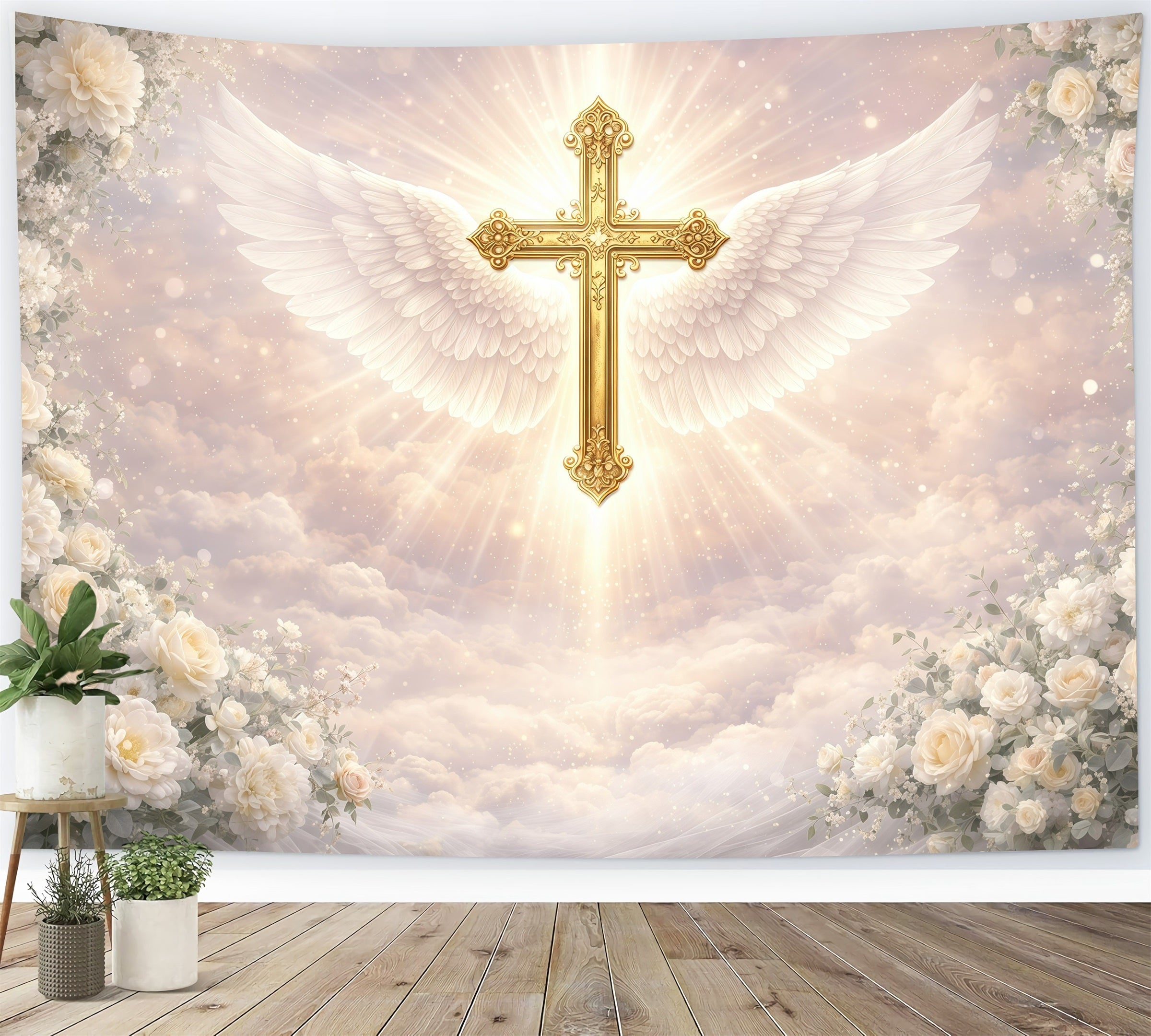 Easter Religious Backdrops Angelic Winged Golden Cross Easter Photoshoot Backdrop UK GQ61-36