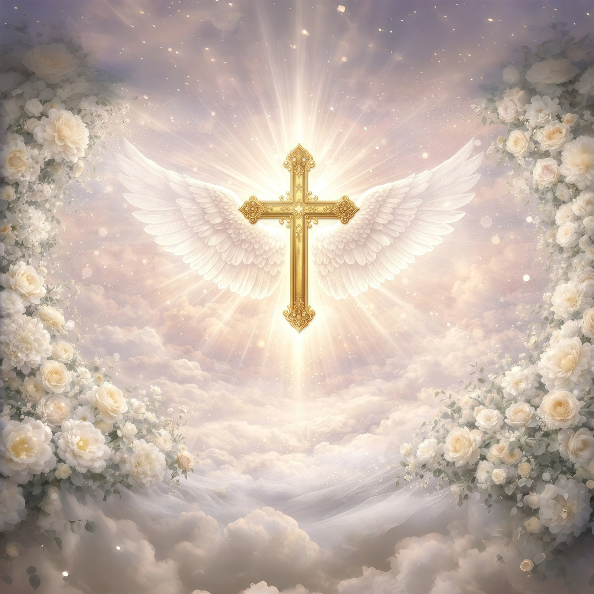 Easter Religious Backdrops Angelic Winged Golden Cross Easter Photoshoot Backdrop UK GQ61-36