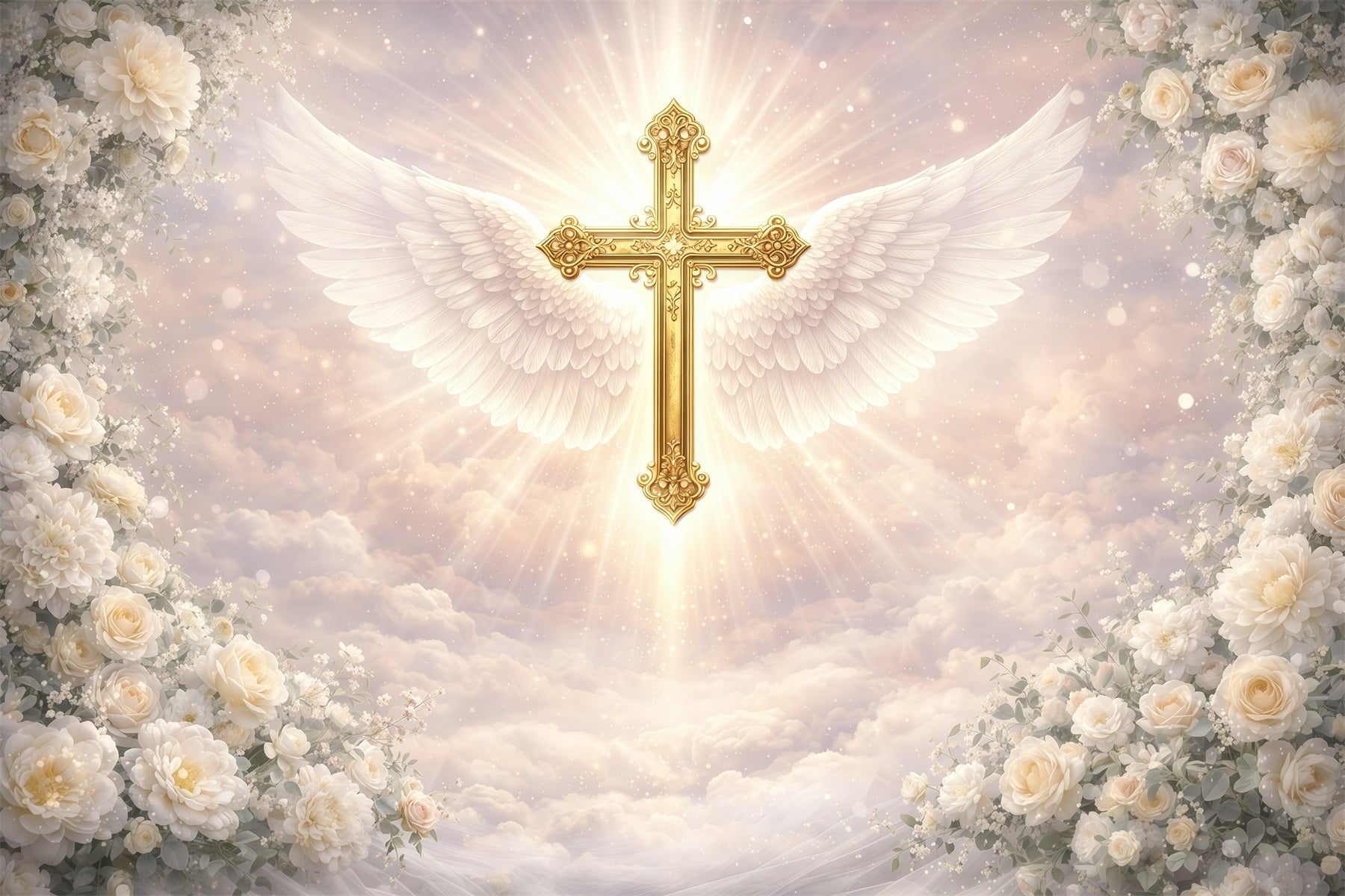 Easter Religious Backdrops Angelic Winged Golden Cross Easter Photoshoot Backdrop UK GQ61-36