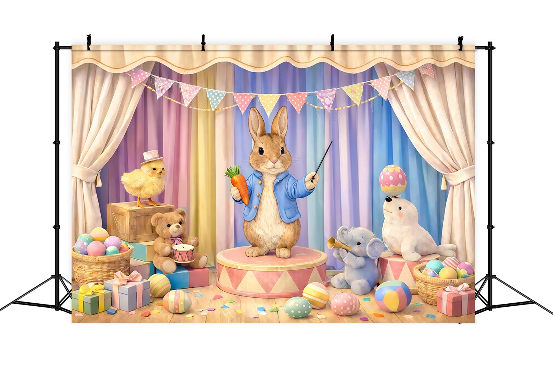 Pastel Easter Backdrop Cartoon Bunny Circus Stage Easter Picture Backdrop Ideas UK GQ61-42