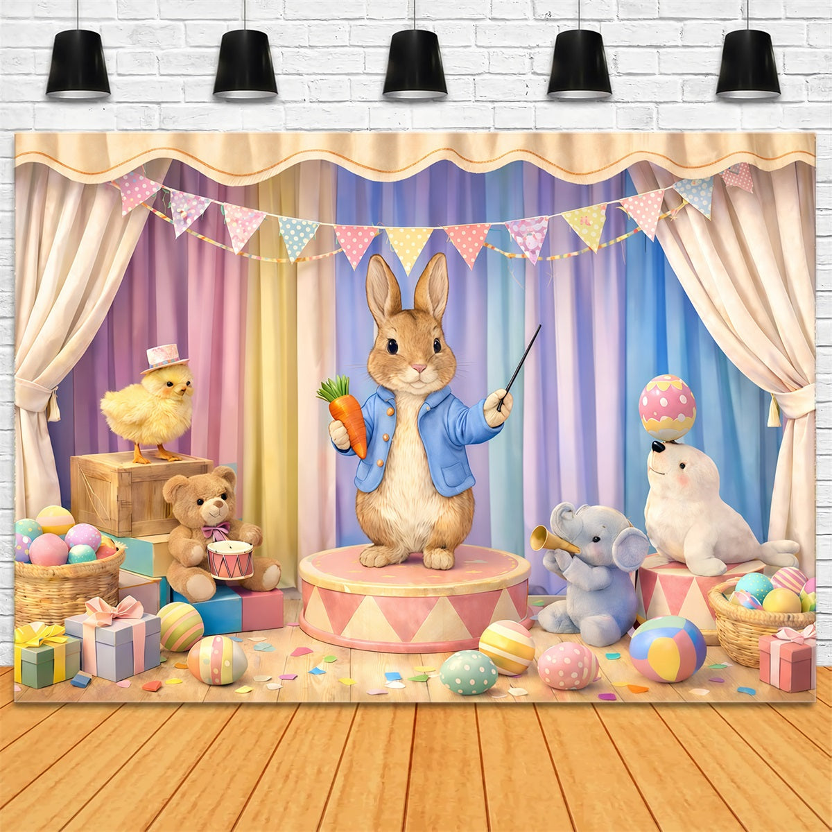 Pastel Easter Backdrop Cartoon Bunny Circus Stage Easter Picture Backdrop Ideas UK GQ61-42