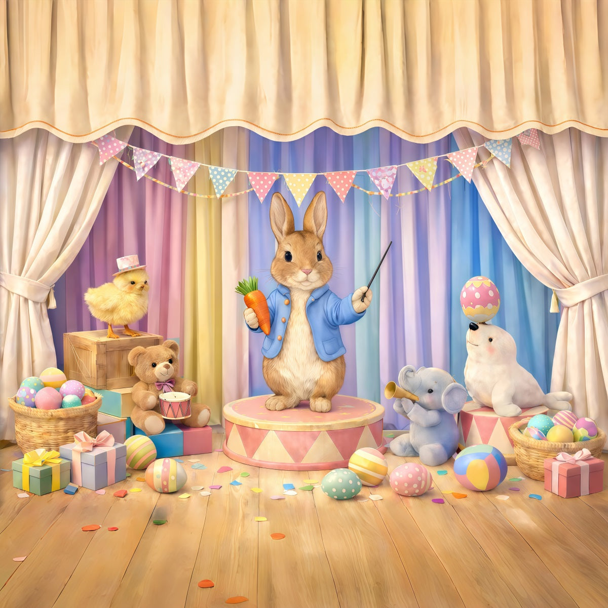 Pastel Easter Backdrop Cartoon Bunny Circus Stage Easter Picture Backdrop Ideas UK GQ61-42