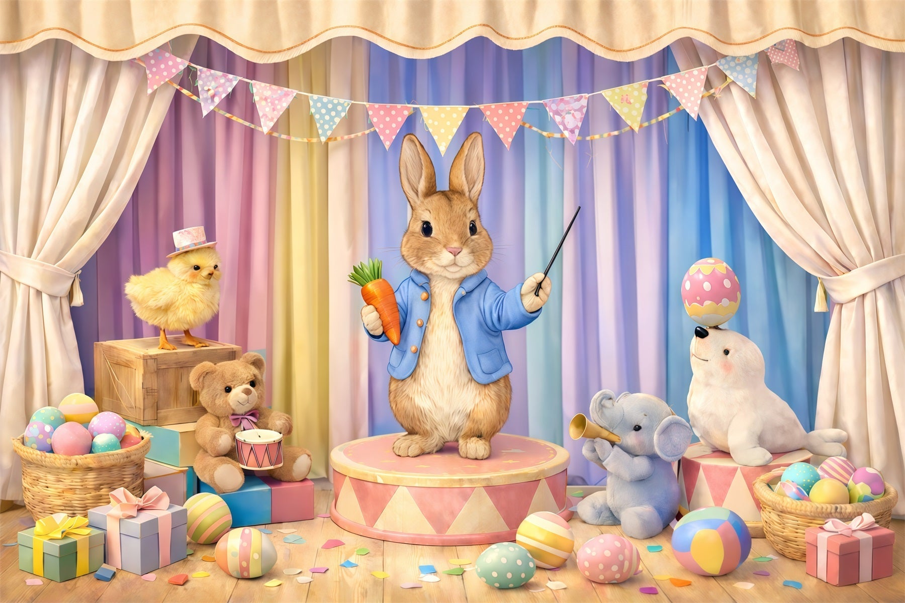 Pastel Easter Backdrop Cartoon Bunny Circus Stage Easter Picture Backdrop Ideas UK GQ61-42