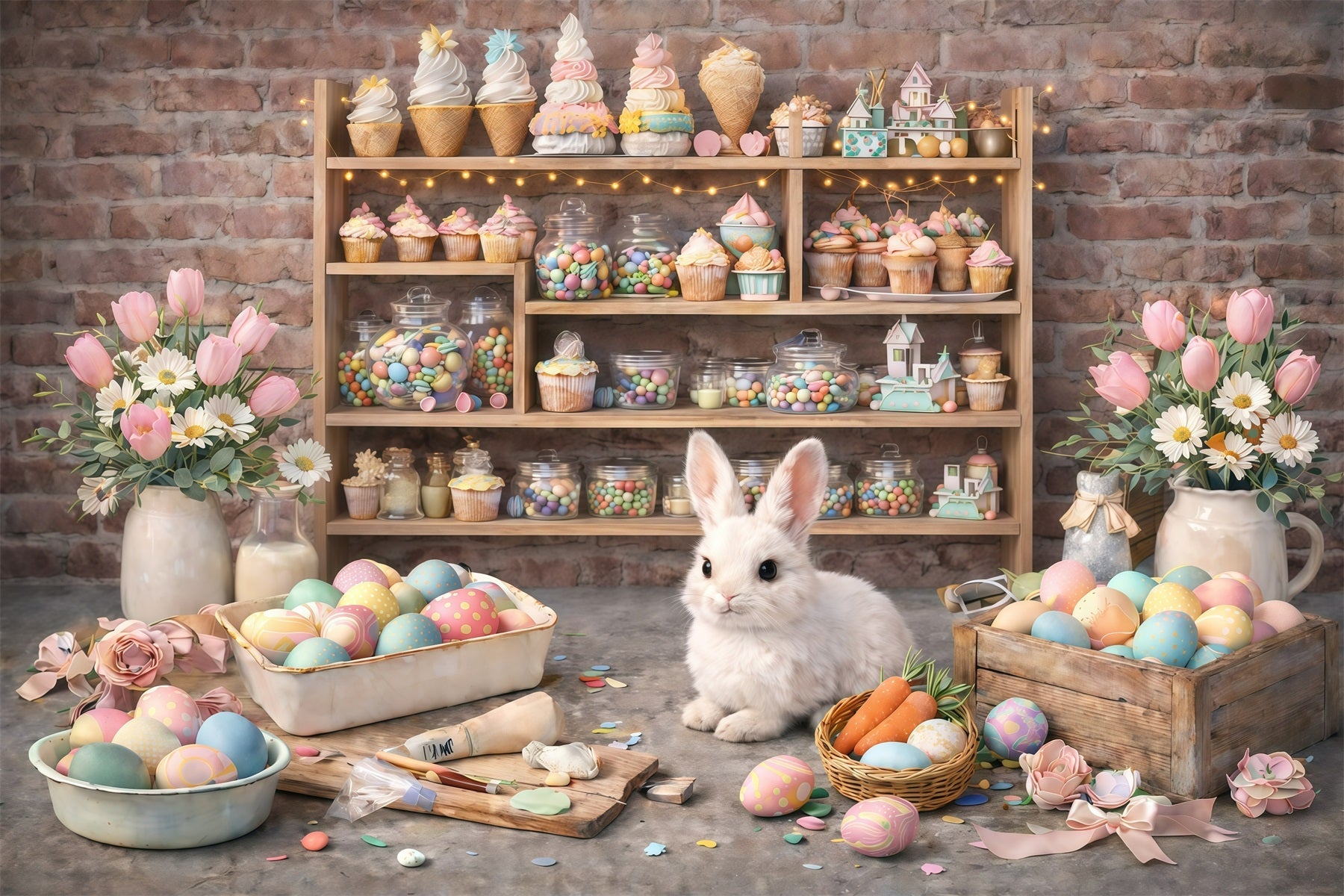 Easter Wall Backdrop Rustic Bunny Dessert Workshop Easter Photography Backdrops For Sale UK GQ61-43