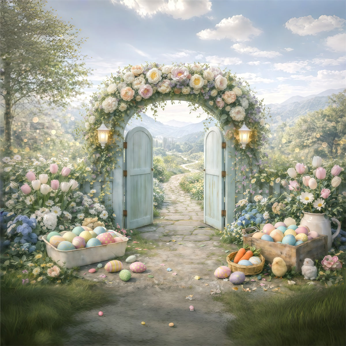 Easter Flower Backdrop Spring Garden Arch Entrance Egg Photo Backdrop Easter UK GQ61-44