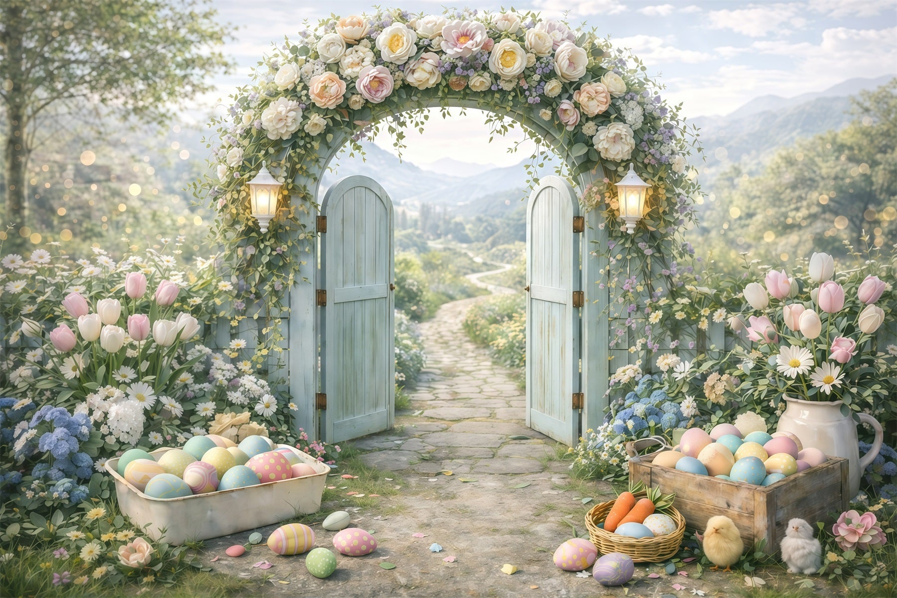 Easter Flower Backdrop Spring Garden Arch Entrance Egg Photo Backdrop Easter UK GQ61-44