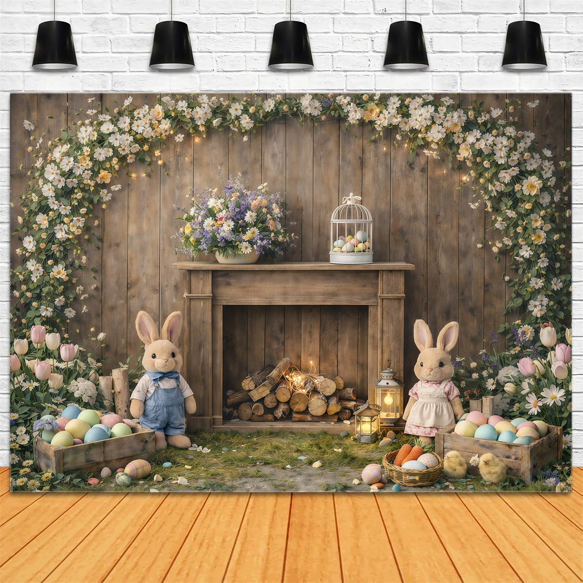 Peter Rabbit Backdrop Rustic Mantel Bunny Flowers Easter Backdrop For Photography UK GQ61-45
