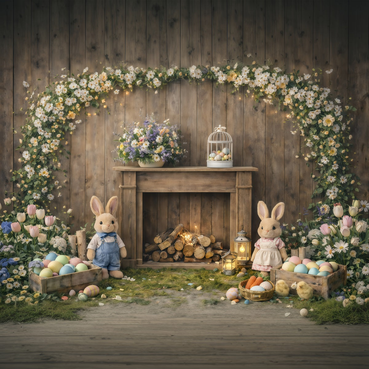 Peter Rabbit Backdrop Rustic Mantel Bunny Flowers Easter Backdrop For Photography UK GQ61-45