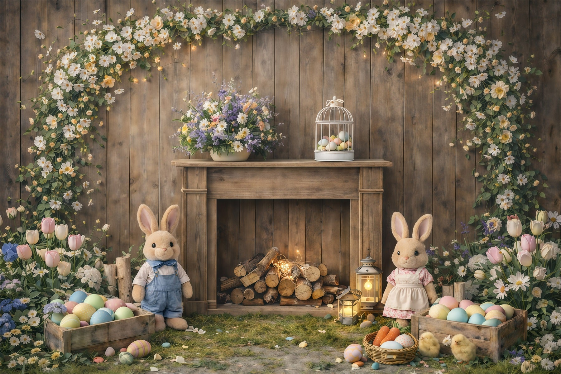 Peter Rabbit Backdrop Rustic Mantel Bunny Flowers Easter Backdrop For Photography UK GQ61-45