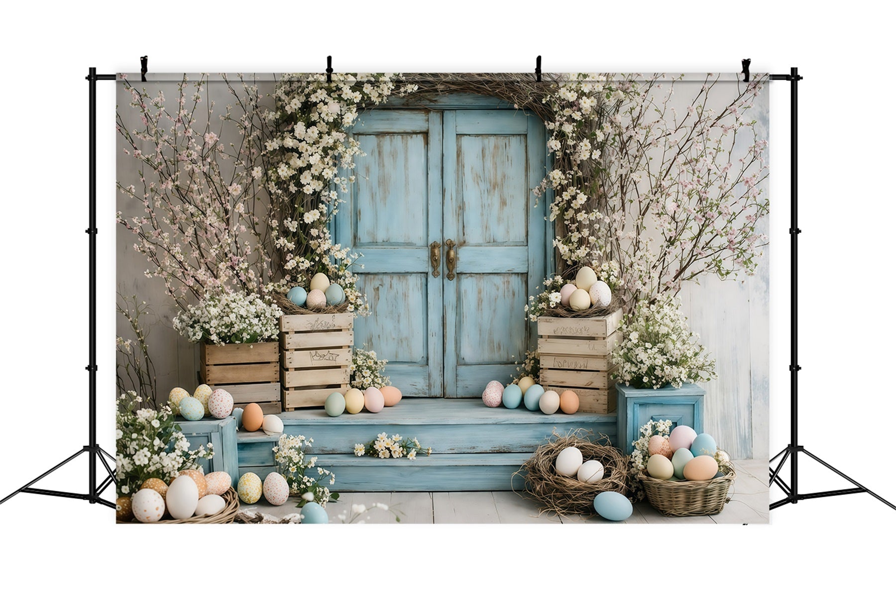 Easter Flower Backdrop Vintage Blue Door Blossoms Backdrops For Easter Pictures UK GQ61-46