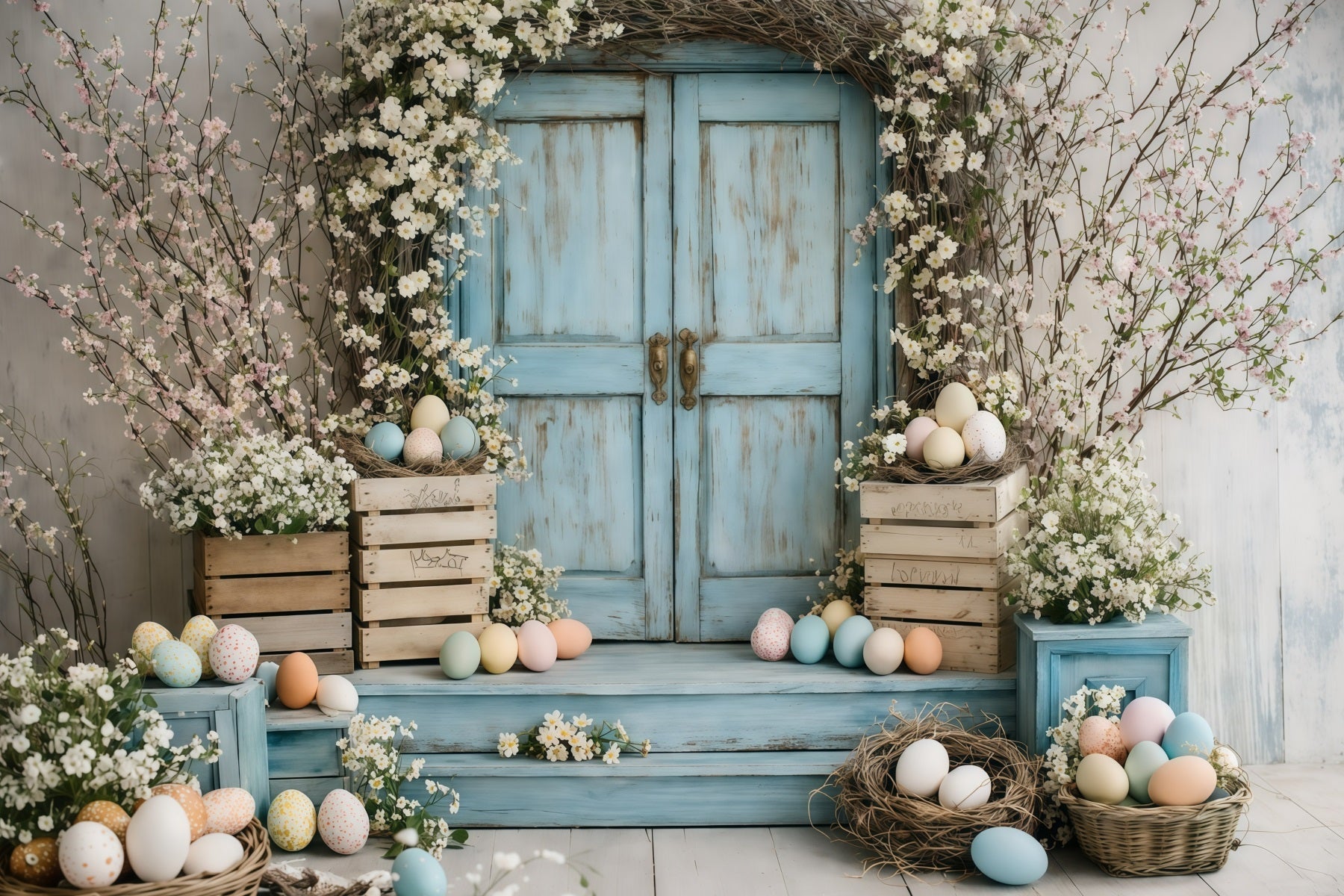 Easter Flower Backdrop Vintage Blue Door Blossoms Backdrops For Easter Pictures UK GQ61-46