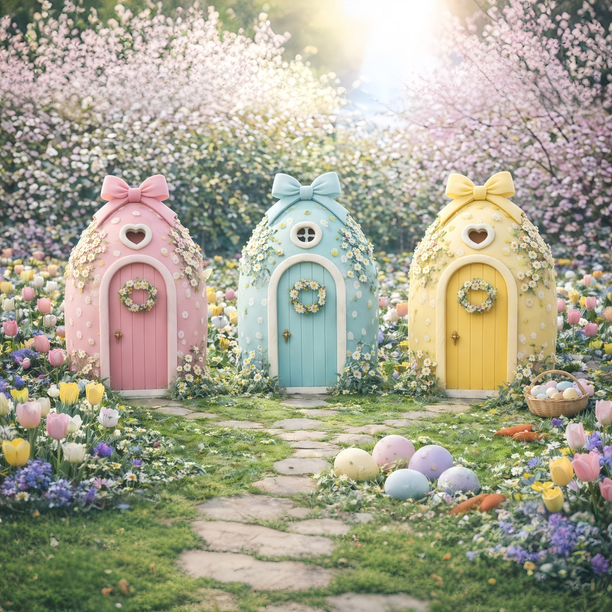 Easter Spring Backdrops Pastel Fairy Cottage Trio Outdoor Easter Backdrop UK GQ61-47