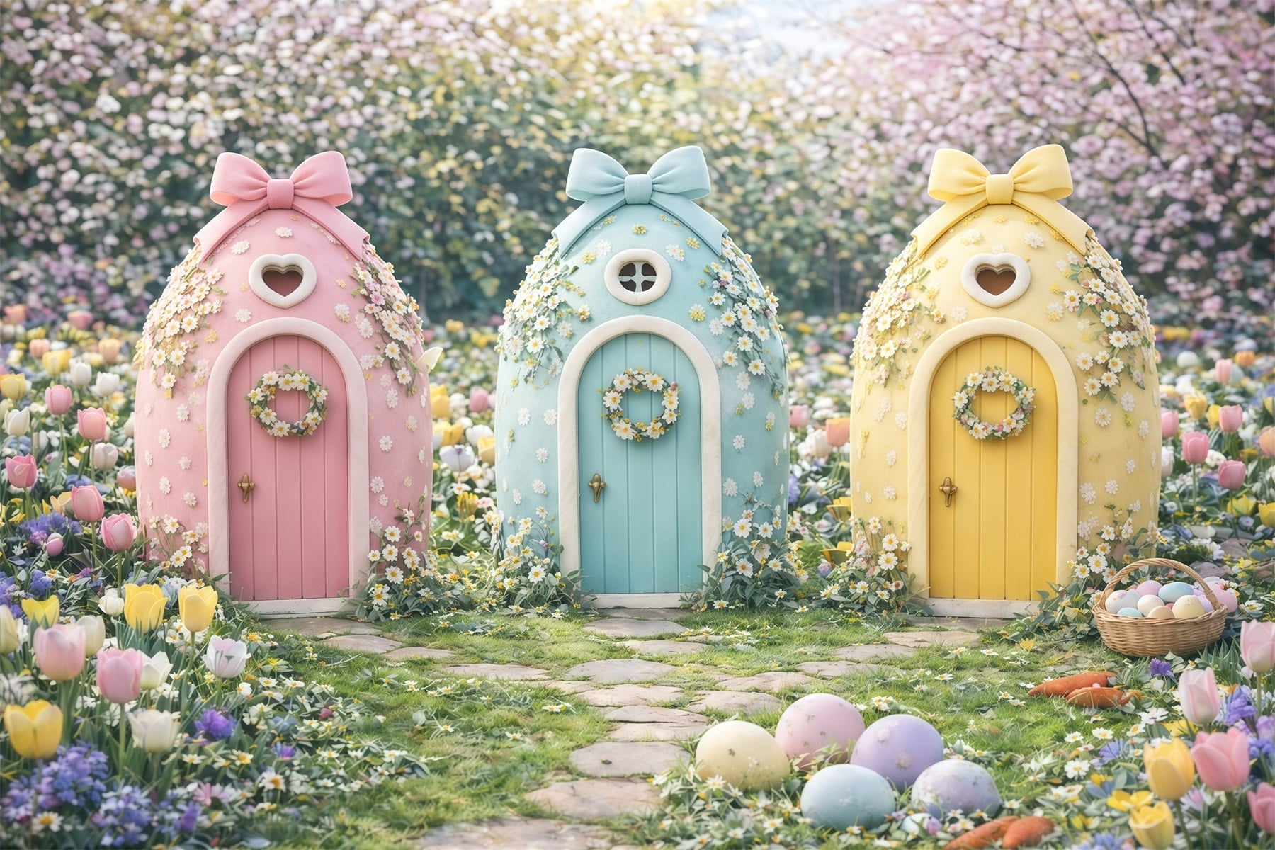 Easter Spring Backdrops Pastel Fairy Cottage Trio Outdoor Easter Backdrop UK GQ61-47