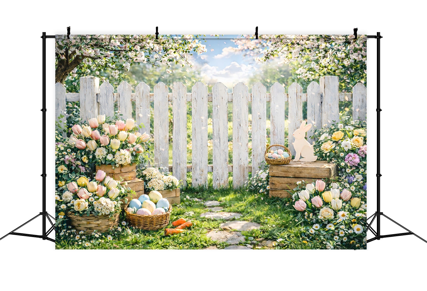 Easter Spring Backdrop Garden Picket Fence Cherry Blossom Easter Backdrop Photo UK GQ61-50