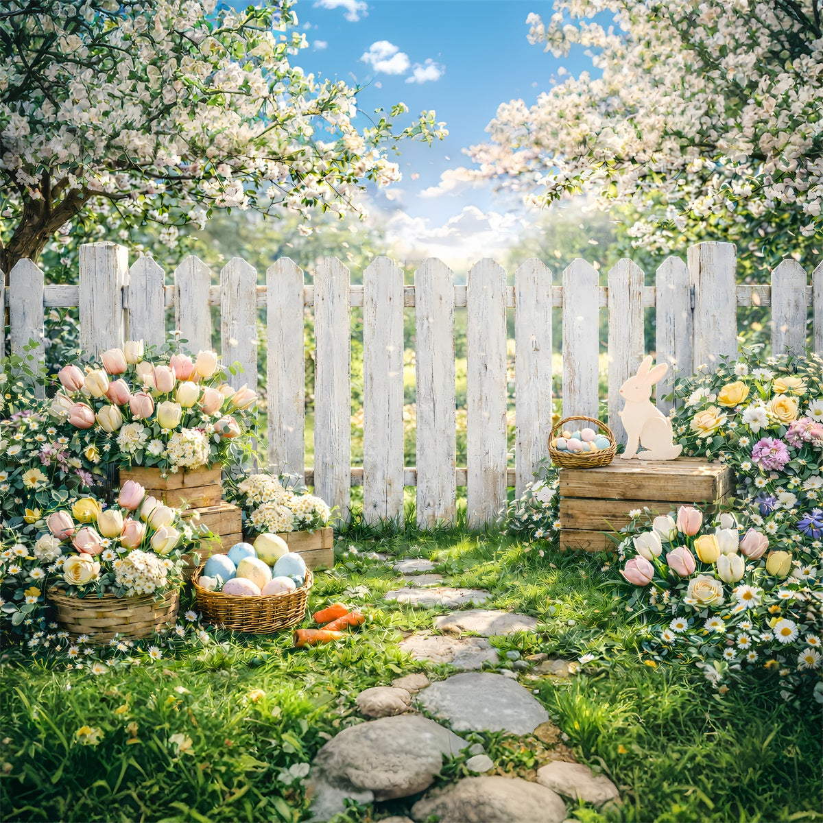 Easter Spring Backdrop Garden Picket Fence Cherry Blossom Easter Backdrop Photo UK GQ61-50